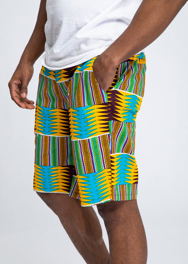 Debare Men's African Print Shorts (Turquoise Yellow Kente-Clearance