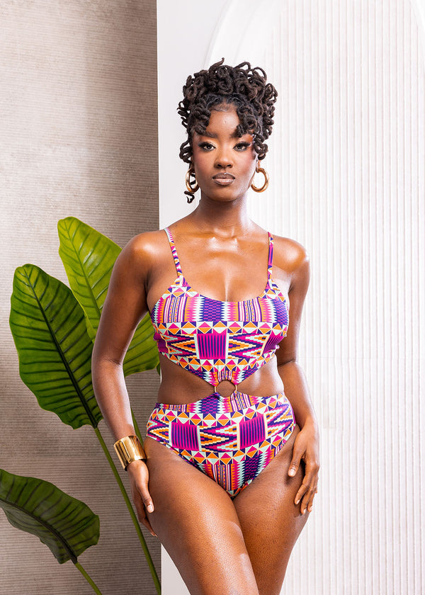 Chika Women's African Print Cut-Out Swimsuit (Mint Purple Kente)